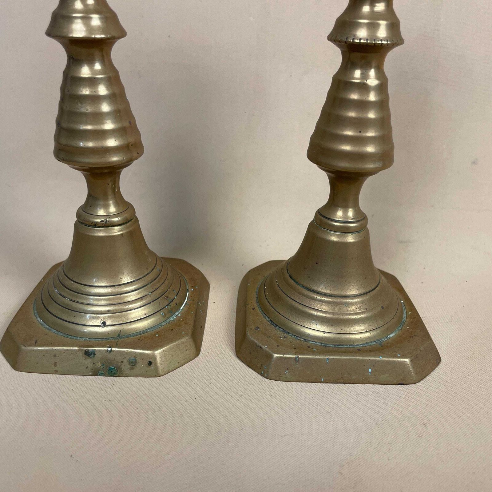 Antique Matching Pair Of Gold Brass Metal Candlestick Candle Stick Vintage Column Taper Dinner Candlesticks Base Pillar photo for sale