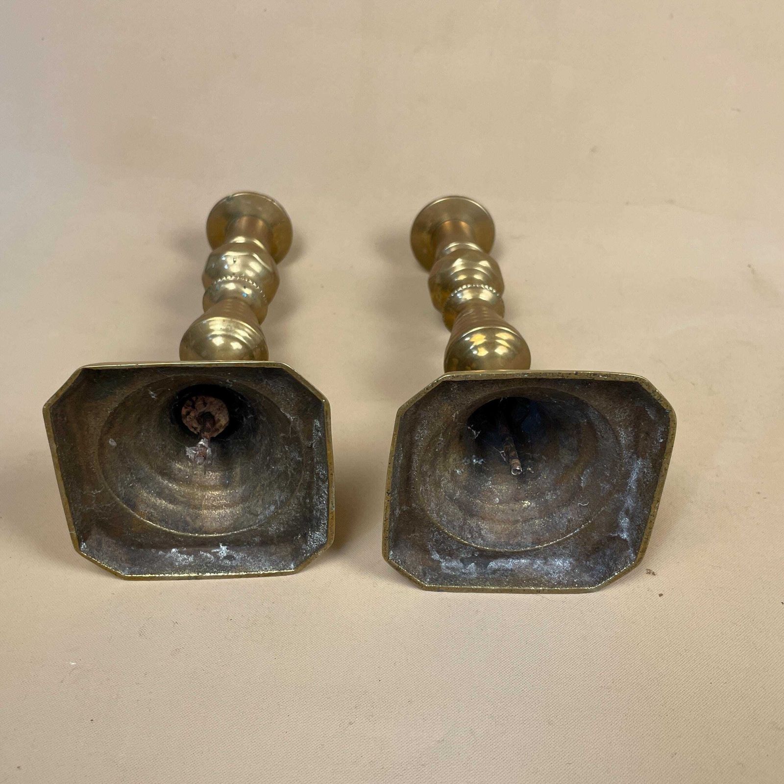 photo for sale Antique Matching Pair Of Gold Brass Metal Candlestick Candle Stick Vintage Column Taper Dinner Candlesticks Base Pillar