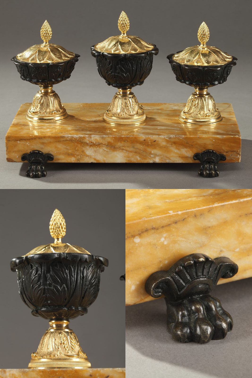 Encrier d'époque en bronze et marbre de Sienne