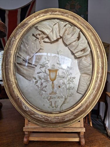 Early 20th Century Gilt Framed, Glass Domed Communion Commemoration. photo furniture