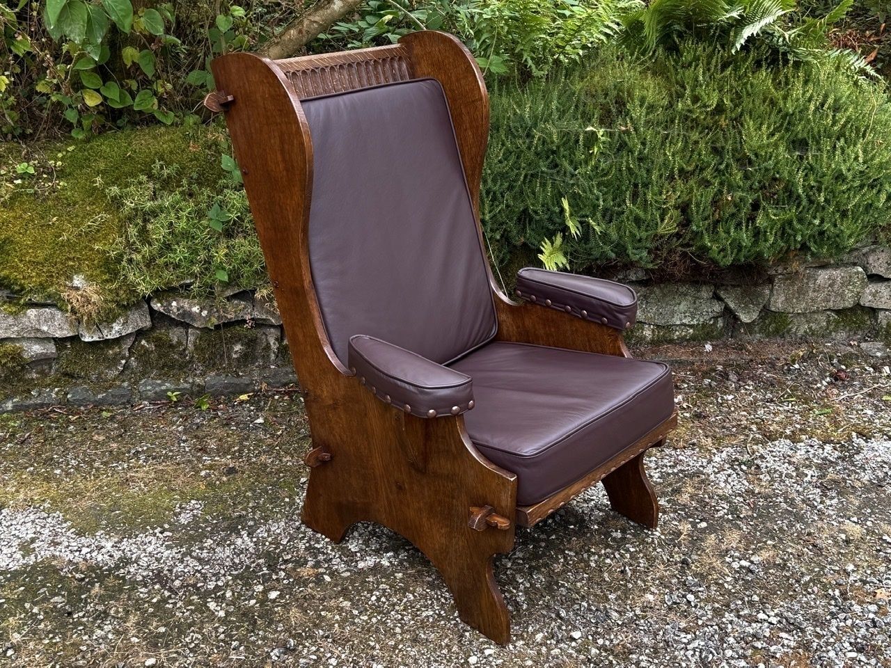 A Nigel Rupert Griffiths Monastic Carved Oak Leather Fireside Chair / Armchair photo for sale