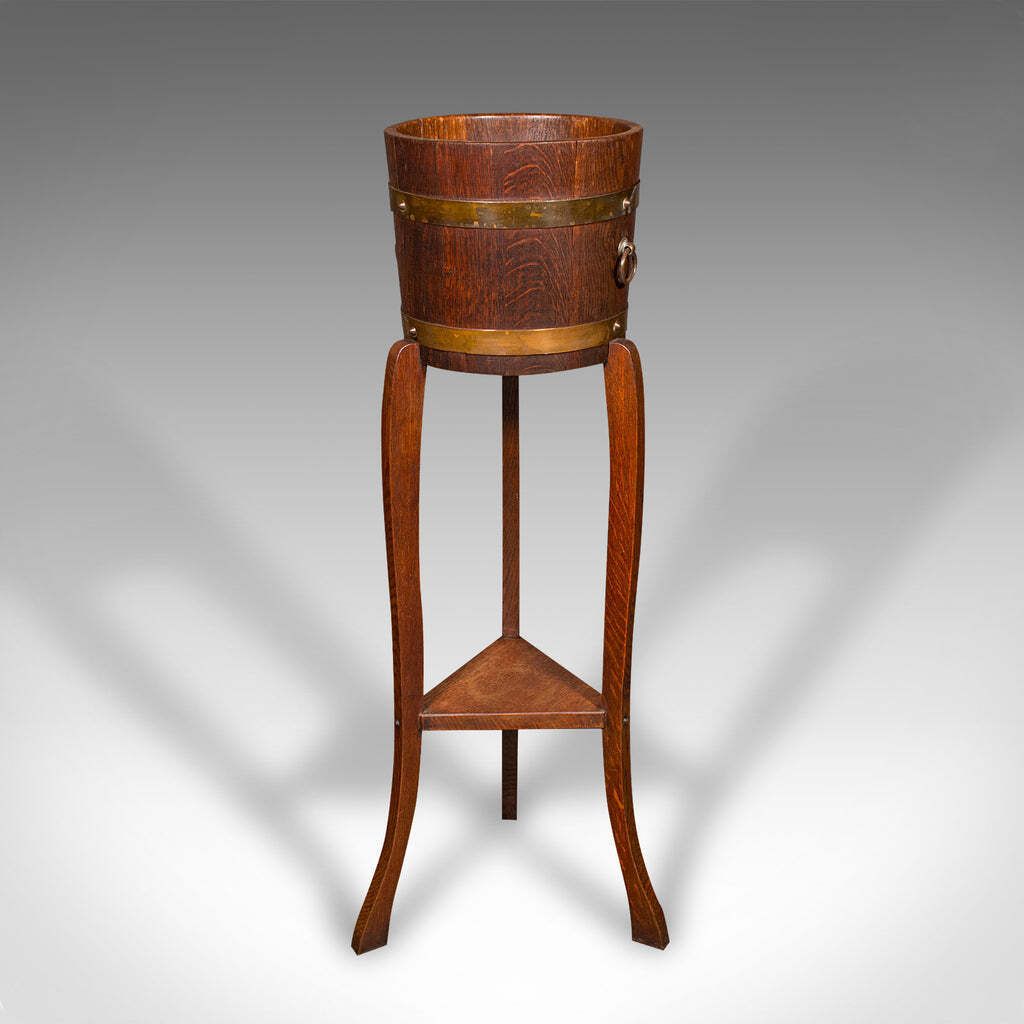 Antique Decorative Jardiniere Stand, English, Coopered Oak, Planter, Circa 1920 photo furniture