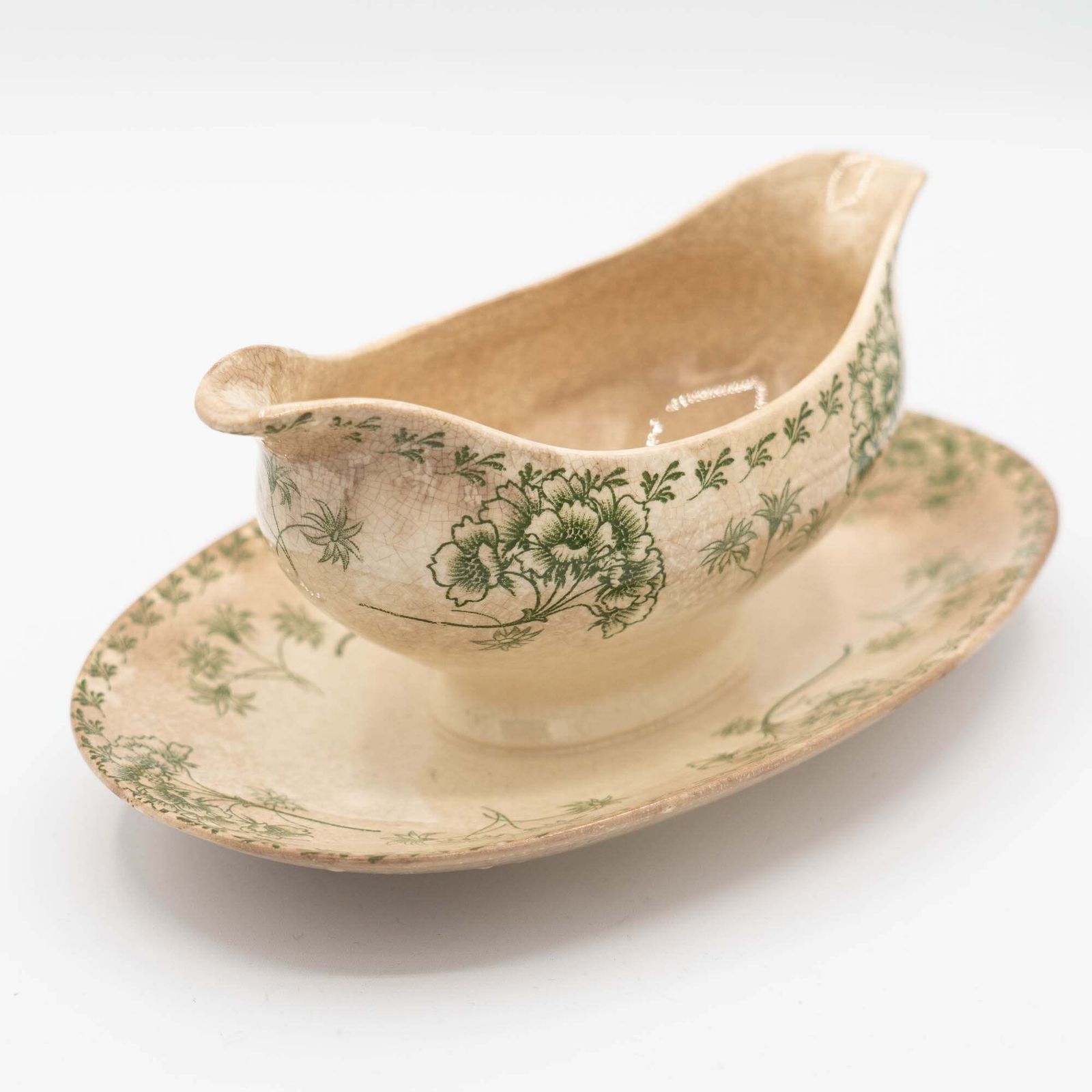 Antique Green Flowery Gravy Boat With Crazing   Sarreguemines   1900s photo vintage