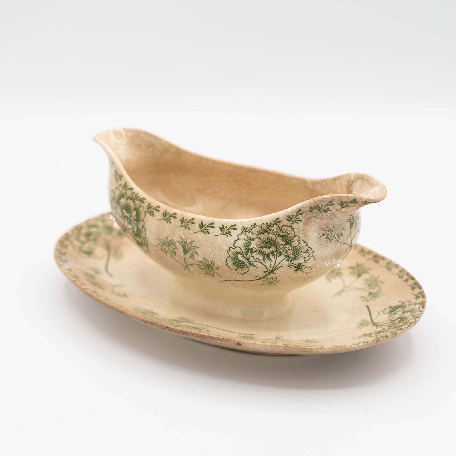 Home Decor Antique Green Flowery Gravy Boat With Crazing   Sarreguemines   1900s photo