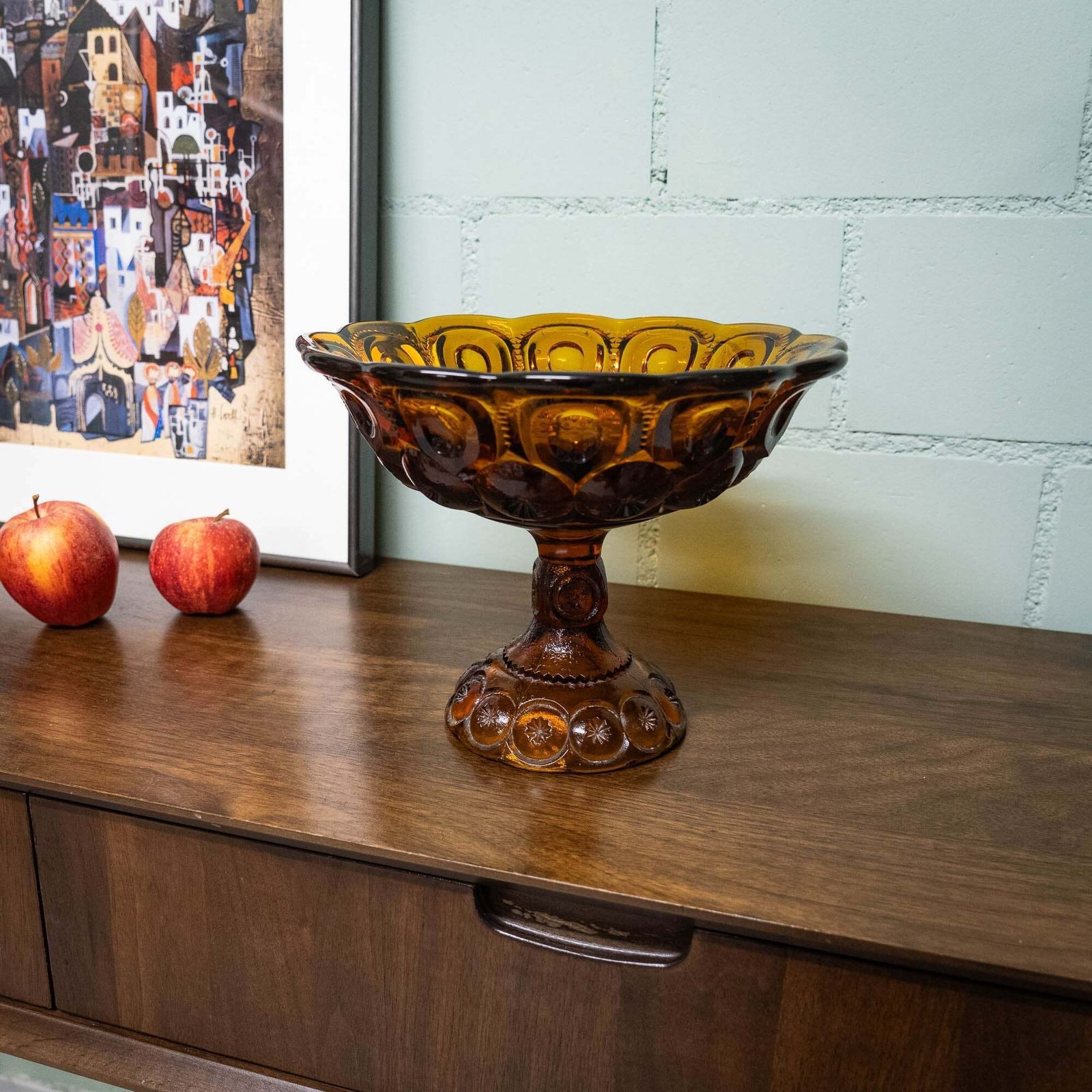 Amber Glass Moon & Stars Pedestal Bowl   Le Smith   C1960s photo for sale