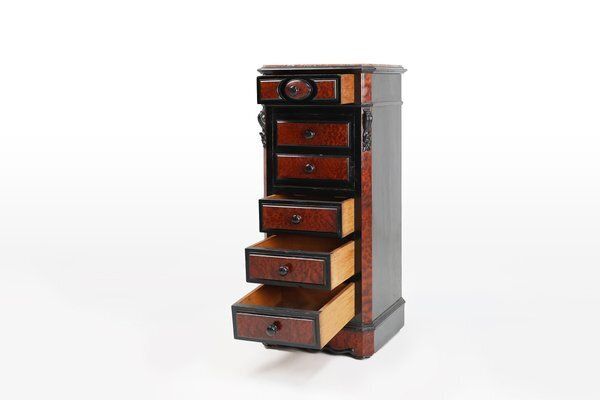 French Chest Of Drawers In Wood, Burl Veneer And Marble, 1850s photo vinterior