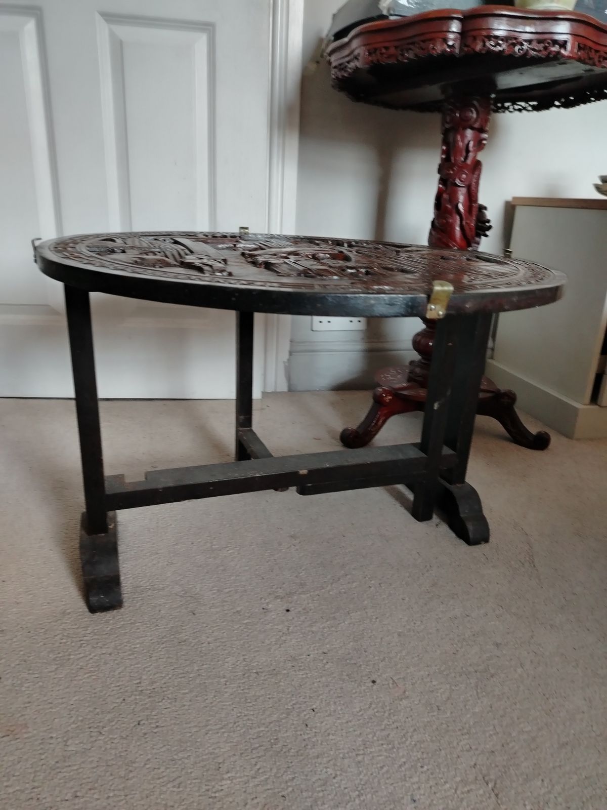Lovely, Rare Chinese Circular Carved Hardwood Fire Screen & Coffee Table photo furniture