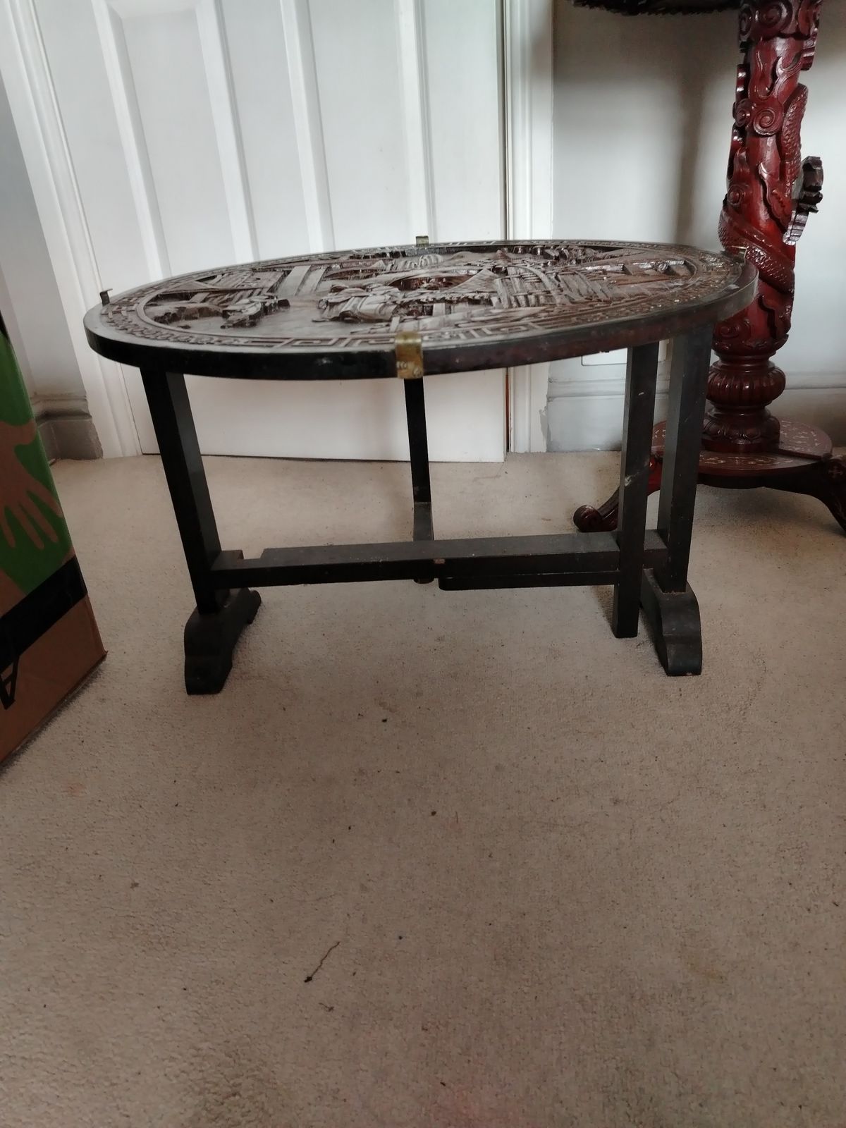 Lovely, Rare Chinese Circular Carved Hardwood Fire Screen & Coffee Table photo for sale