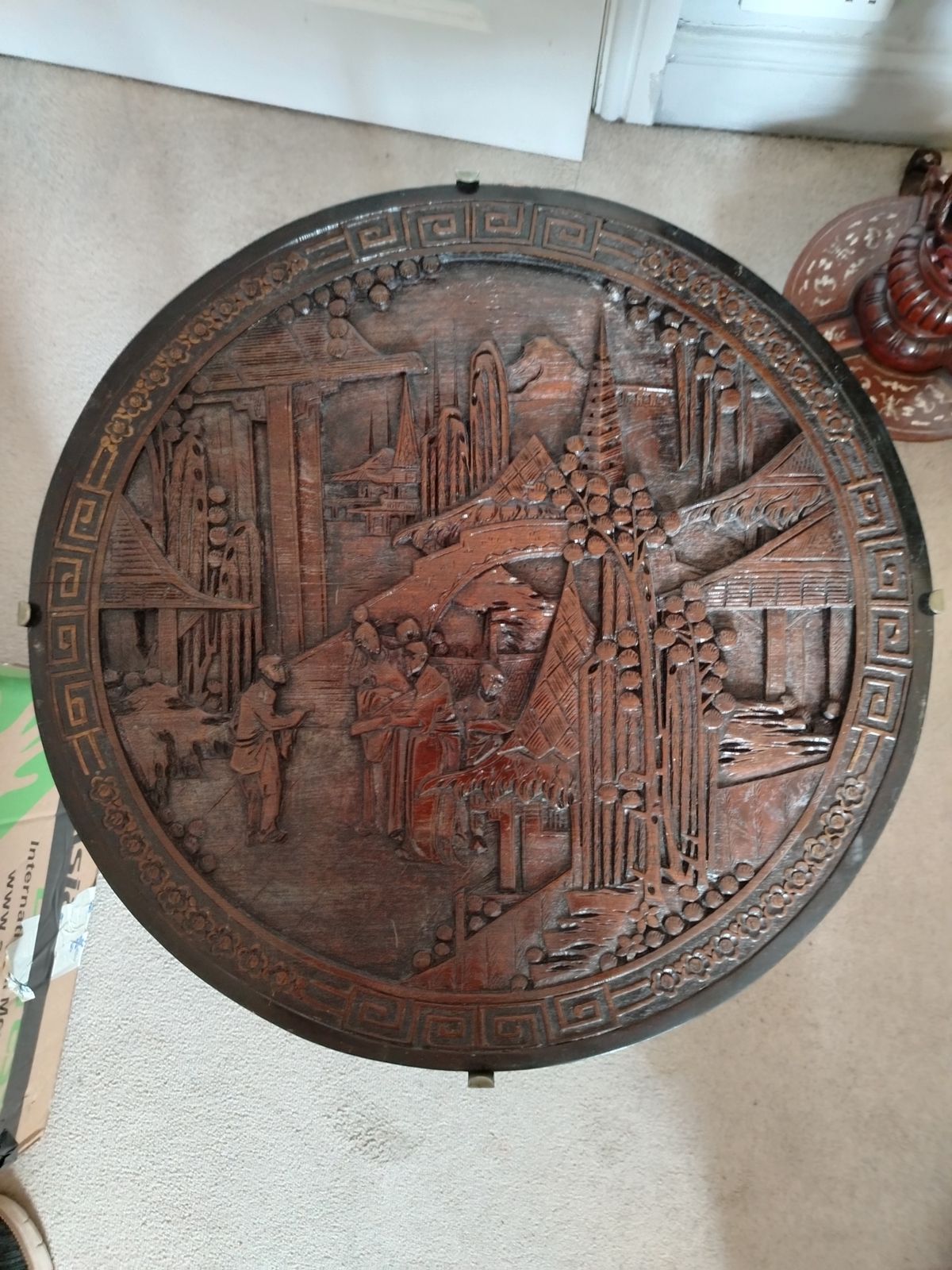 Lovely, Rare Chinese Circular Carved Hardwood Fire Screen & Coffee Table photo vintage