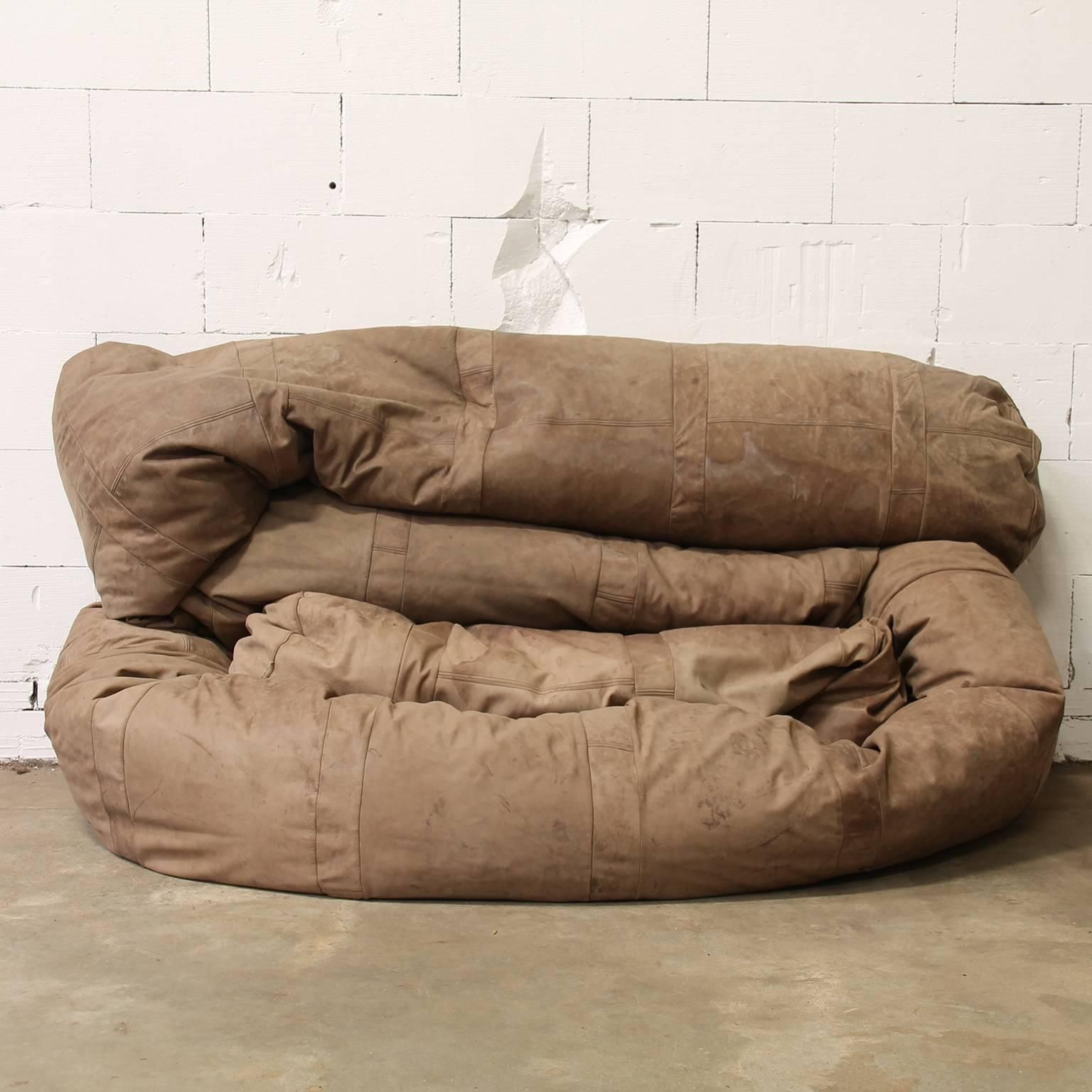 1960, Hans Roebers, Very Long Original Snake Couch In Old Brown Leather photo furniture