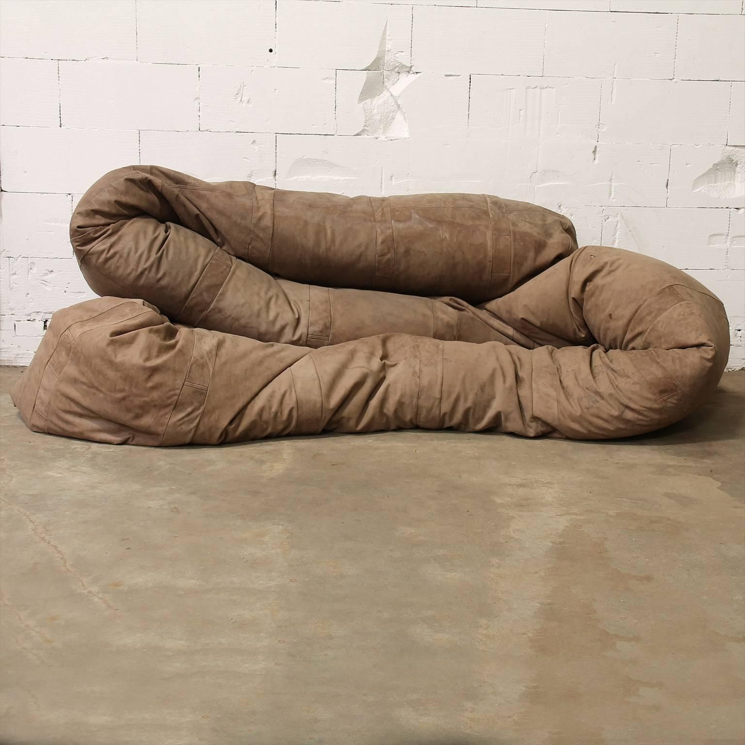 1960, Hans Roebers, Very Long Original Snake Couch In Old Brown Leather photo for sale