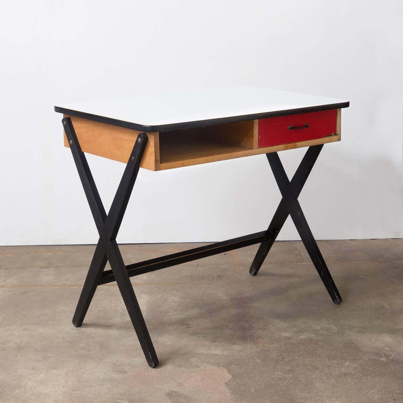 1954, Coen De Vries For Devo Wooden Writing Desk With Red Drawer And Formica Top photo furniture