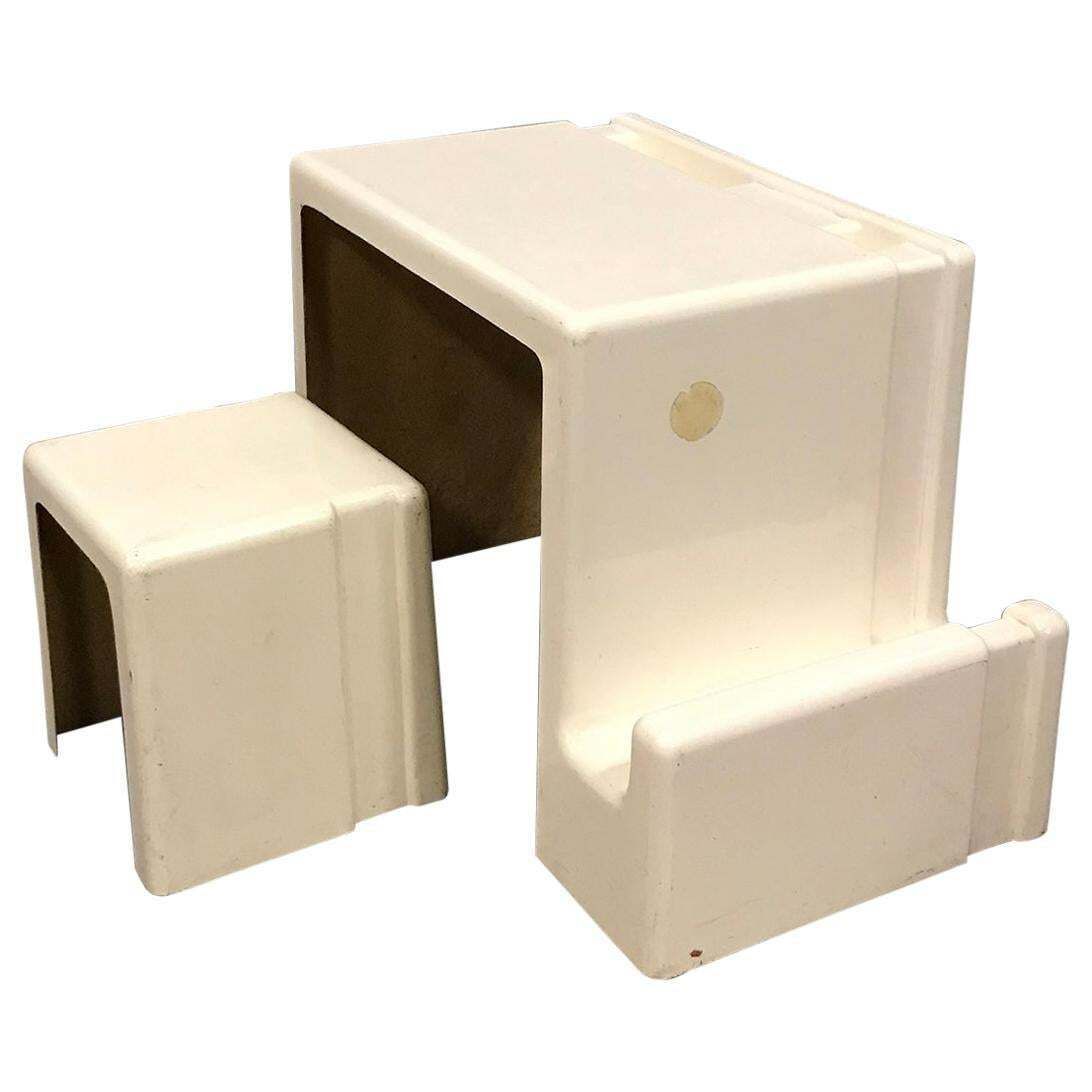 Rare 1970s Off White Plastic Children Desk With Stool, Circa 1970