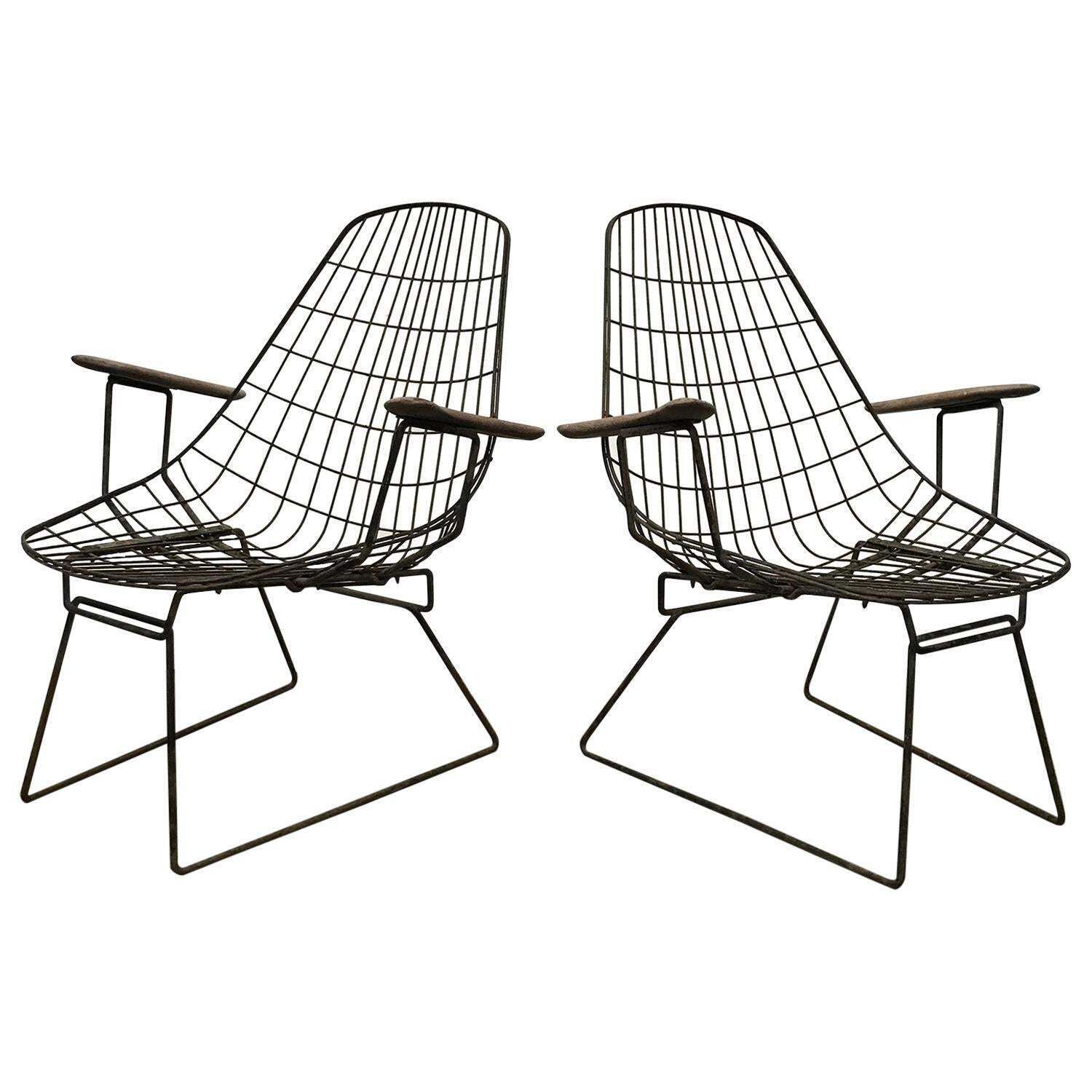 Set Of Two Rare Black Wire Easy Chairs With Wooden Armrests, Circa 1960
