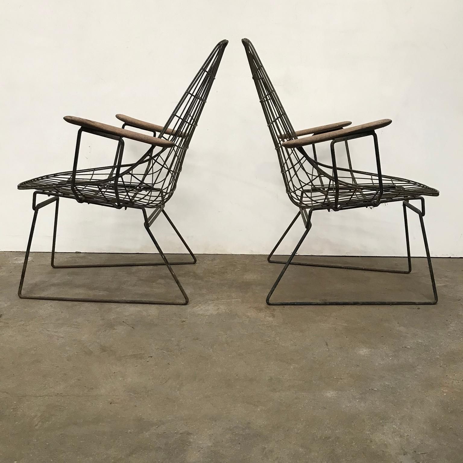 Set Of Two Rare Black Wire Easy Chairs With Wooden Armrests, Circa 1960 photo 1664.0