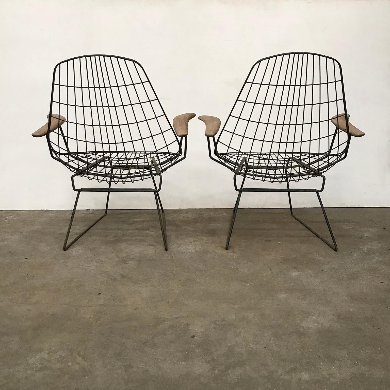 Furniture Set Of Two Rare Black Wire Easy Chairs With Wooden Armrests, Circa 1960 photo