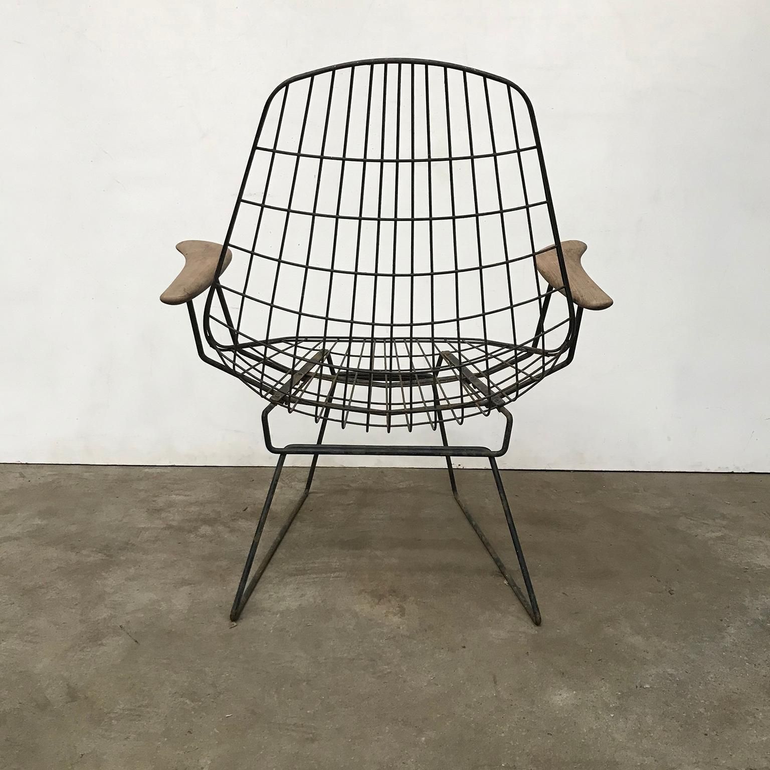 1664.0 Set Of Two Rare Black Wire Easy Chairs With Wooden Armrests, Circa 1960 photo