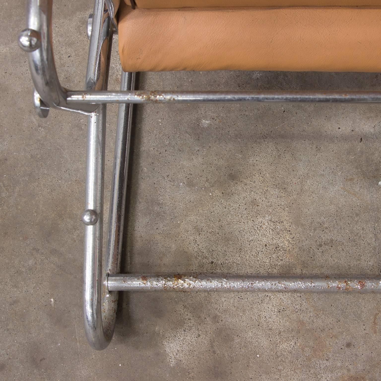 photo for sale Adjustable Tubular Easy Chair In Original Leather + Wooden Armrests, Circa 1930