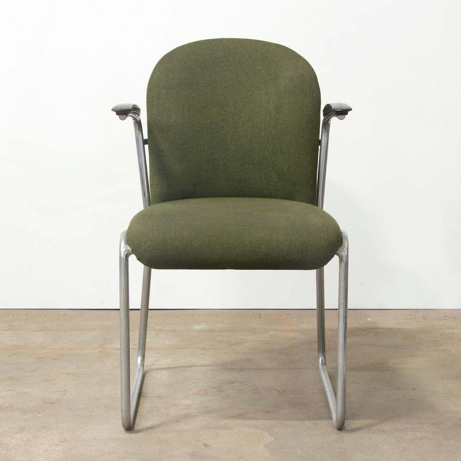1935 W.H. Gispen For Gispen, Rare Framed 413r Side Chair, Original Green Fabric photo 764.0