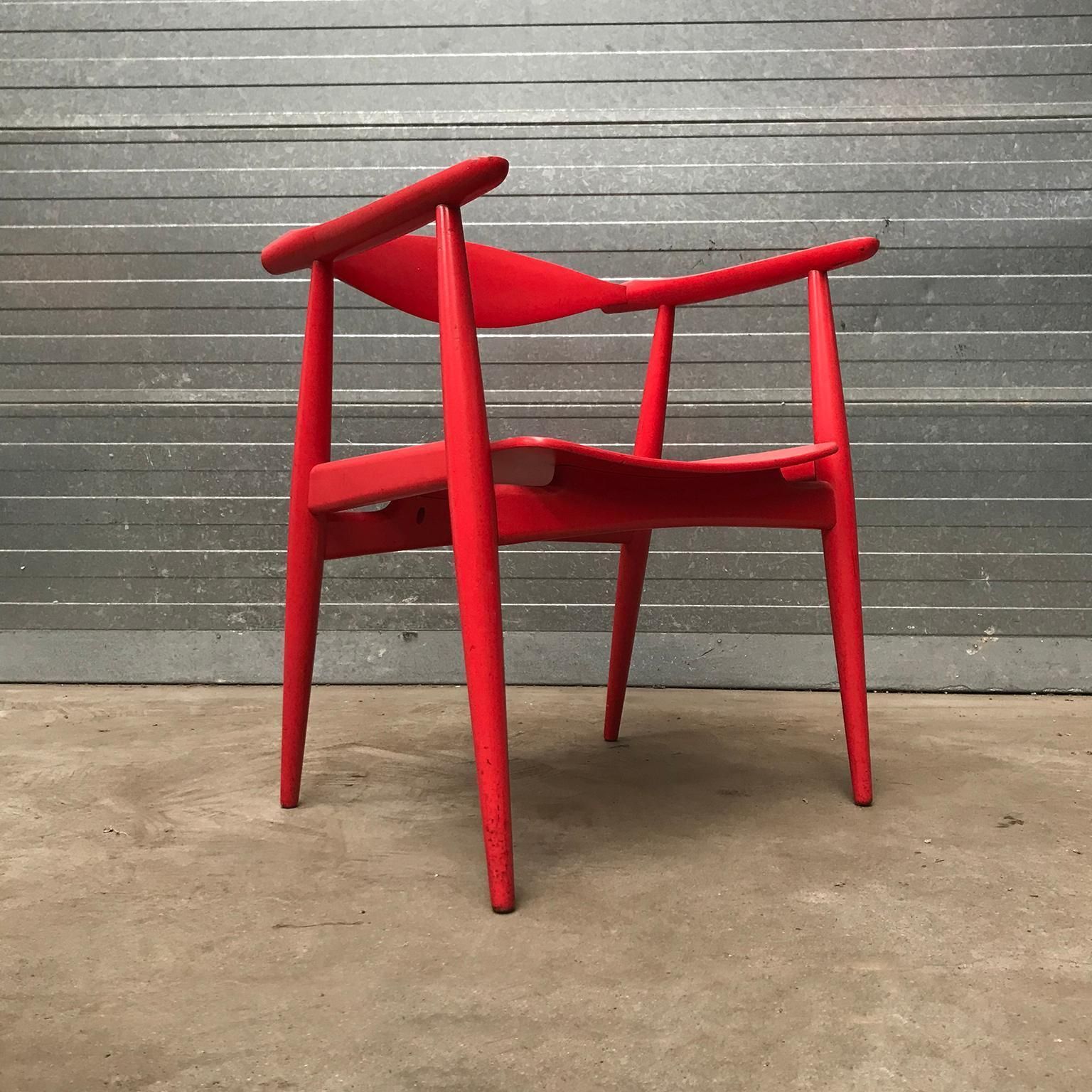 Very Rare Wegner Side Chair In Originally Red Painted Wood, Circa 1930 photo vinterior
