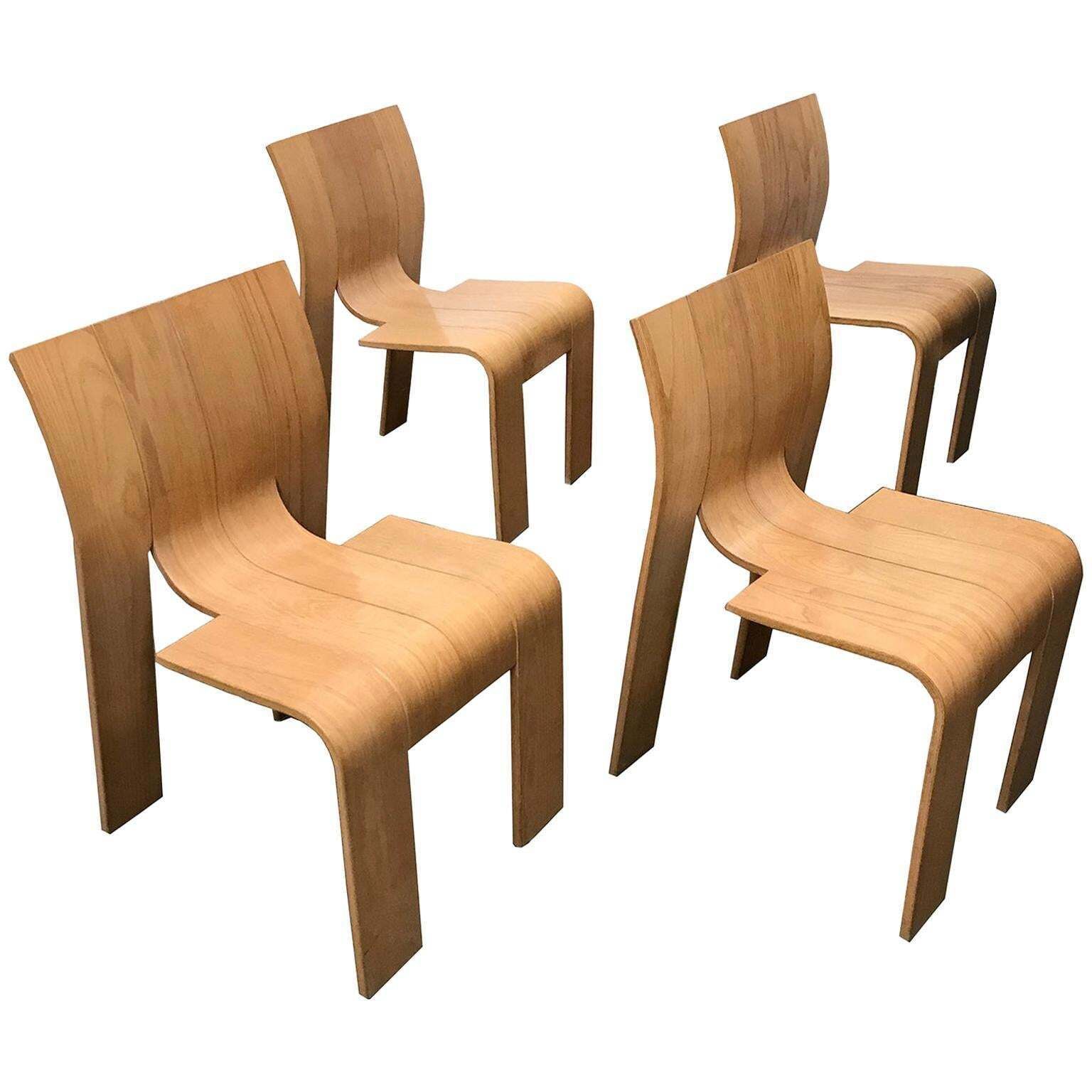 1974, Gijs Bakker For Castelijn, Set Of Stackable Bended Wood Strip Chairs