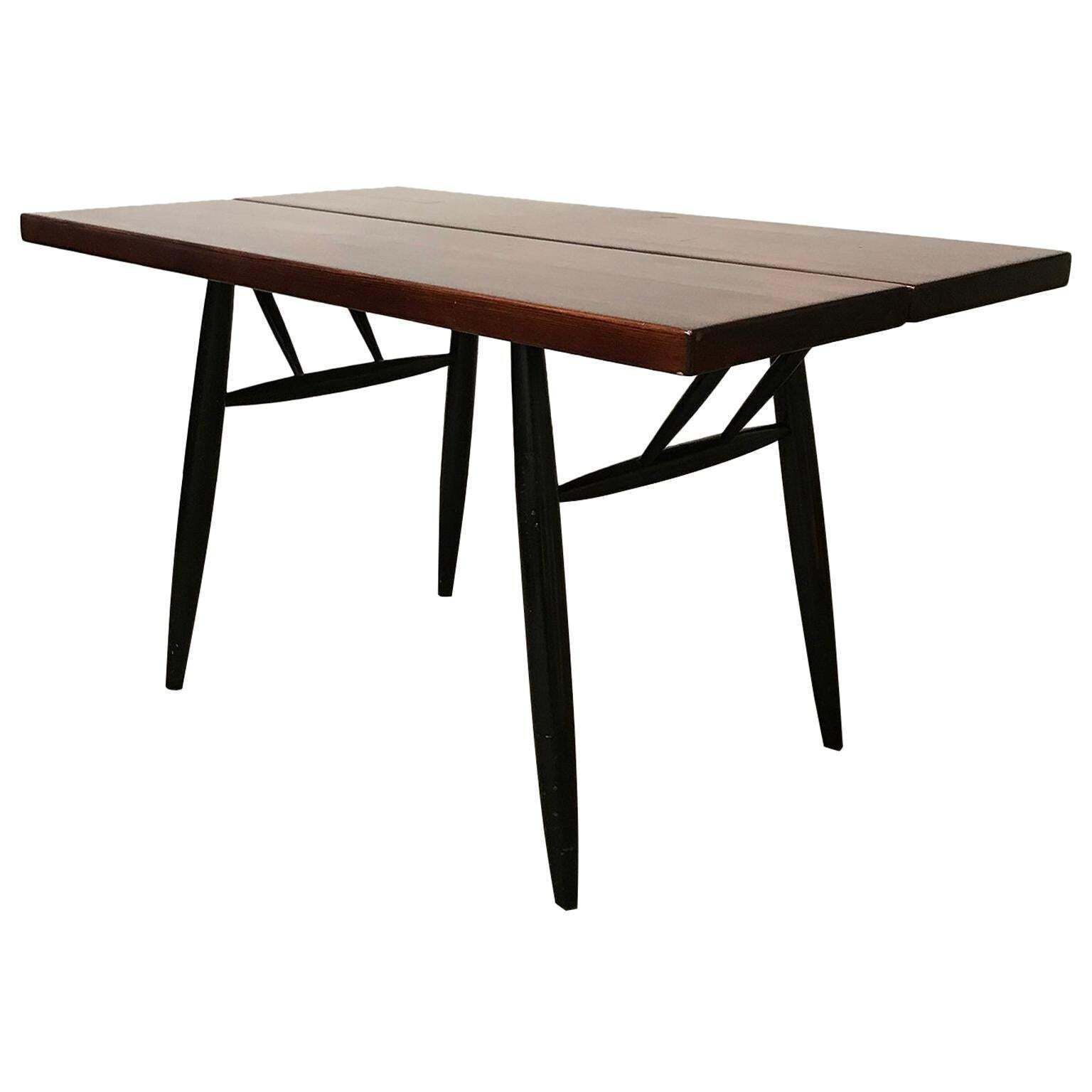 1955, Ilmari Tapiovaara, Pirkka Table With; Red Brown Wooden Top