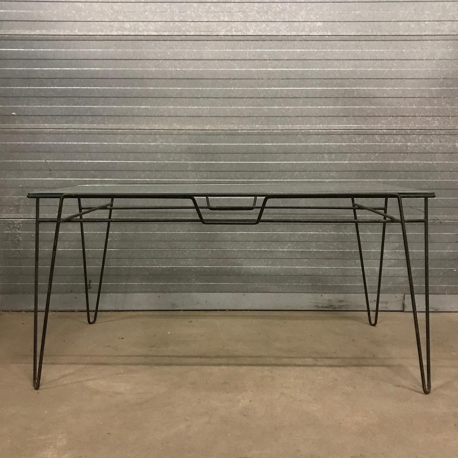 Super Elegant Dining Table, Black Metal Hairpin Legs And Glass Top, Circa 1960 photo furniture