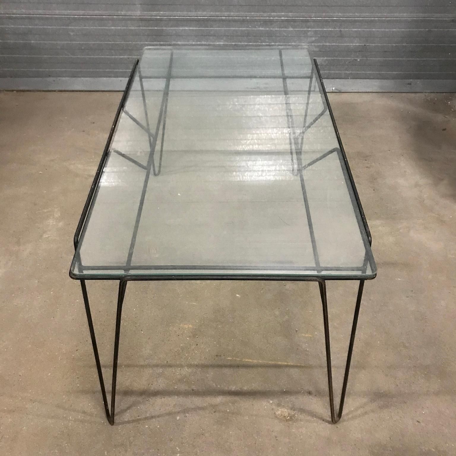 Super Elegant Dining Table, Black Metal Hairpin Legs And Glass Top, Circa 1960 photo vinterior