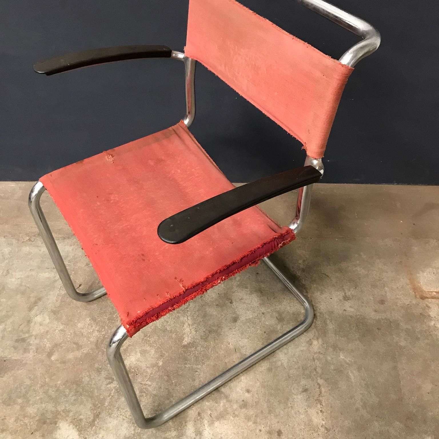 1930, W.H. Gispen, For Gispen Culemborg, Dining Chair No. 204 In Red Canvas photo vintage