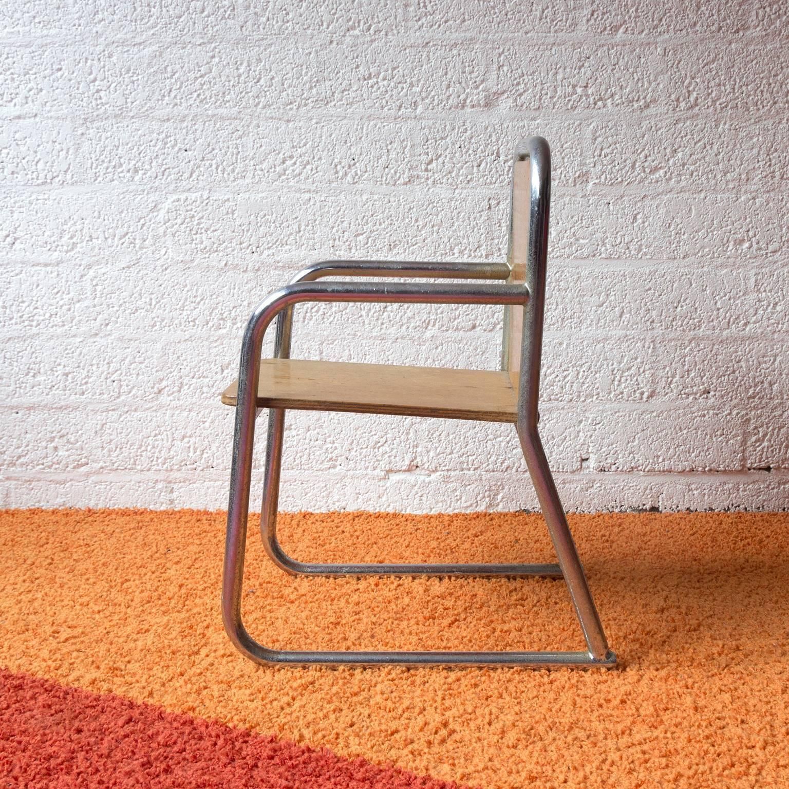 Tubular Children Chair, Wood And Chrome, Circa 1965 photo furniture