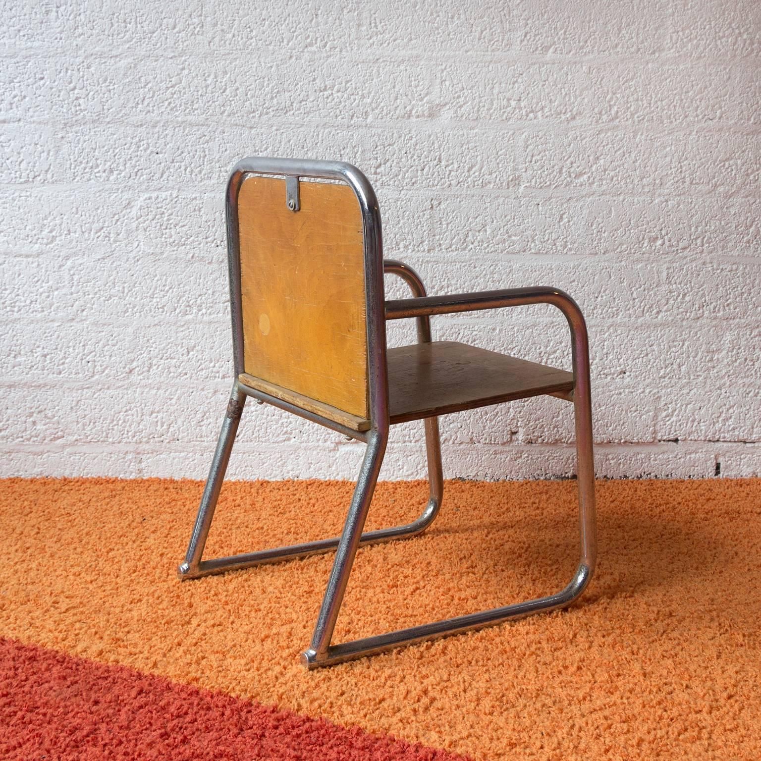 Tubular Children Chair, Wood And Chrome, Circa 1965 photo for sale