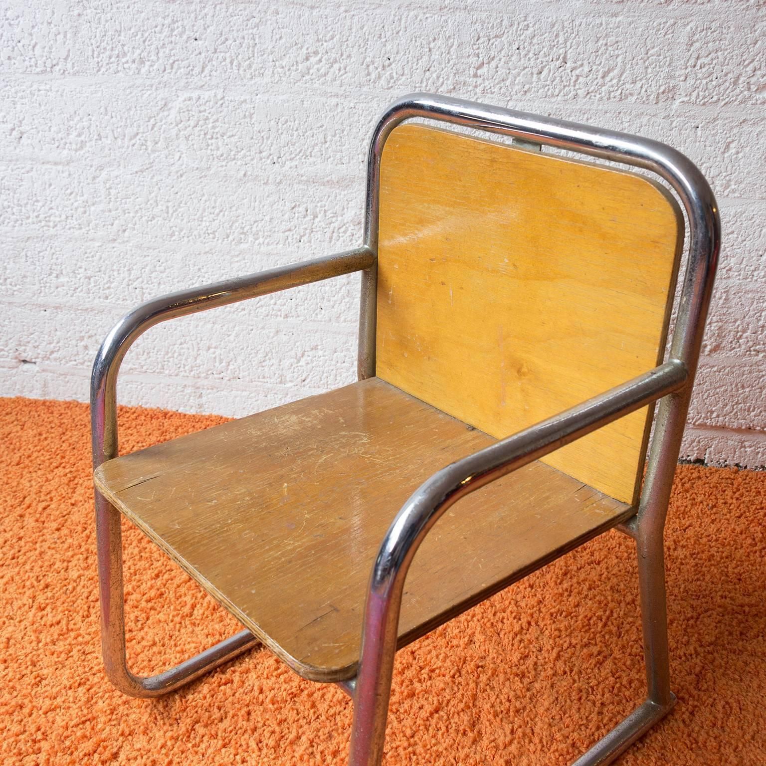 Tubular Children Chair, Wood And Chrome, Circa 1965 photo buy