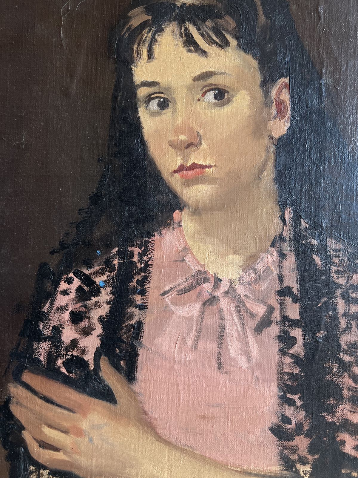 Portrait Of A Girl With Lace Scarf, Oil On Canvas Large Portrait Painting photo vintage