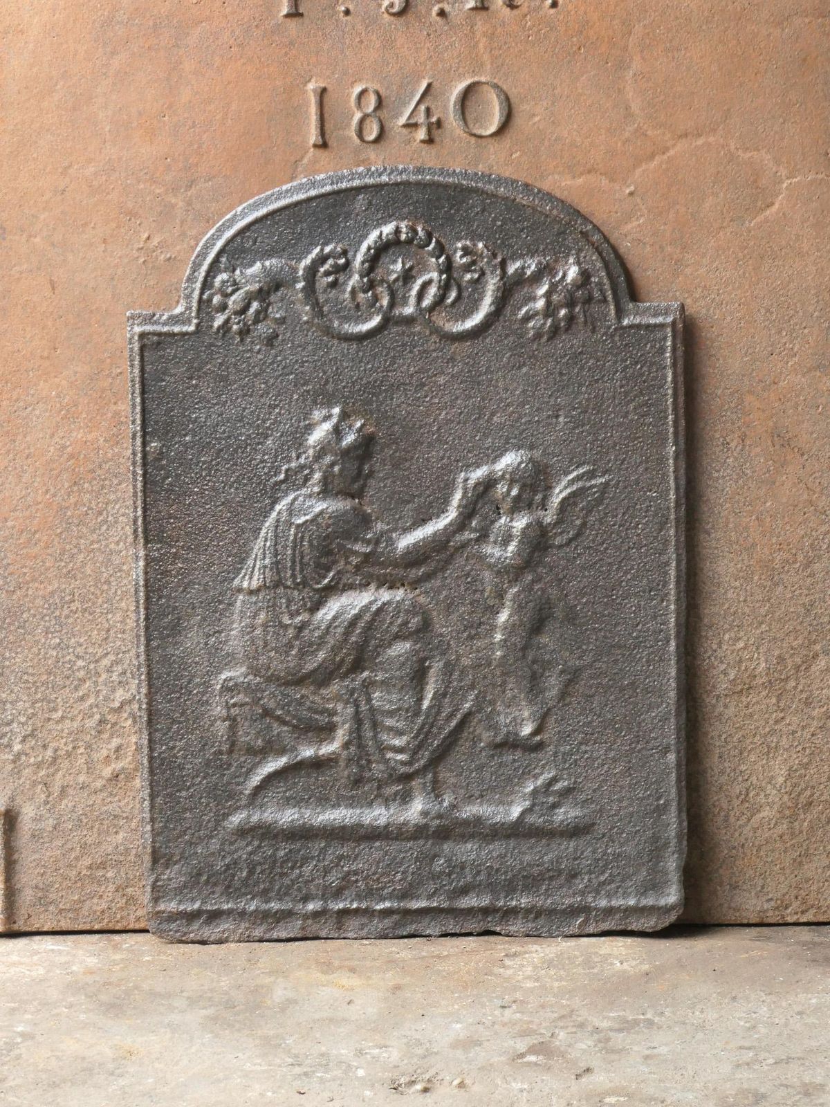 French Neoclassical Style 'Woman With Cupid' Fireback / Backsplash photo for sale