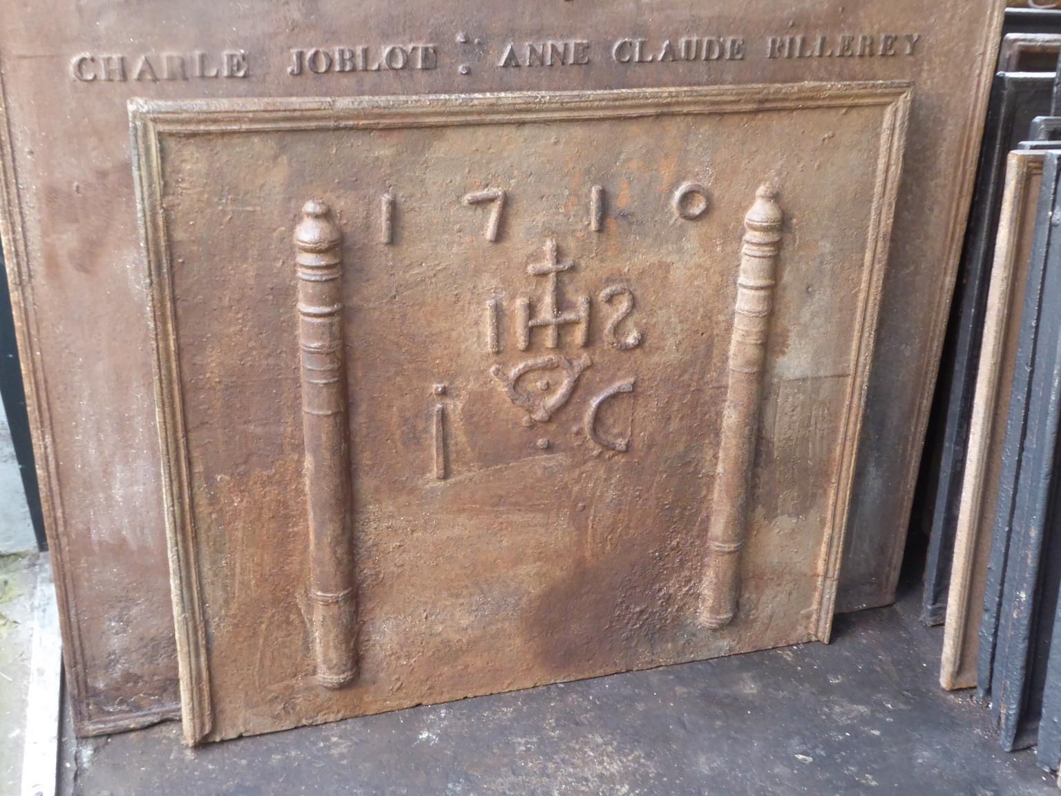 18th Century French Fireback / Backsplash 'Pillars With Medieval Ihs Monogram' photo for sale