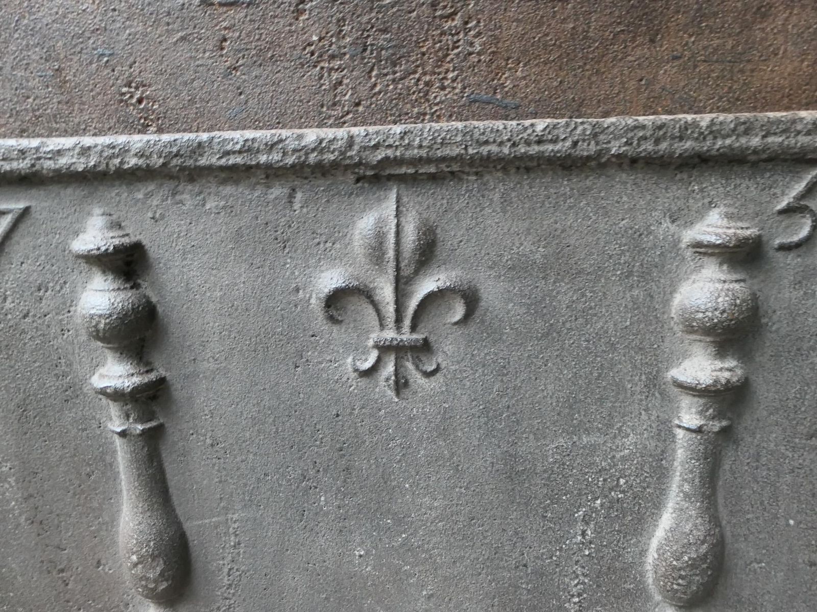 photo for sale 18th C. French Louis XV Fireback / Backsplash With Pillars And Fleur De Lys