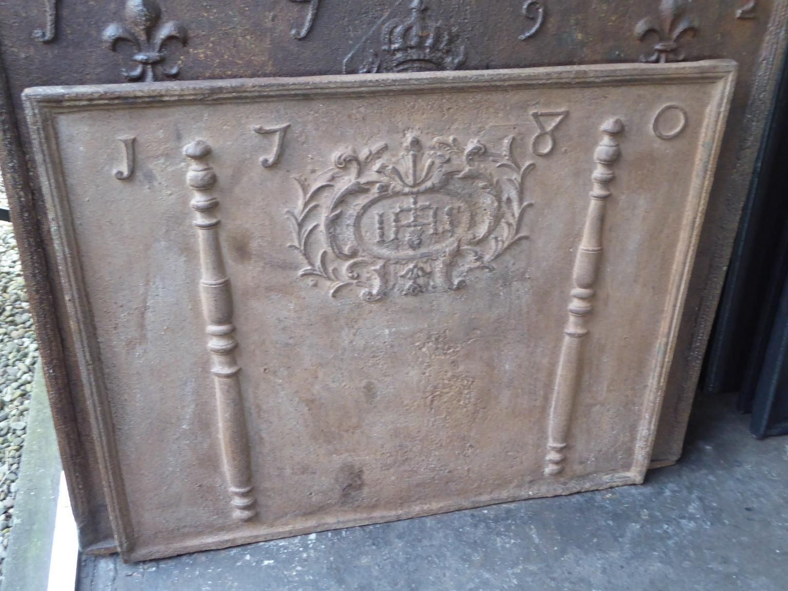 18th Century French Fireback / Backsplash 'Pillars With Medieval Ihs Monogram' photo for sale