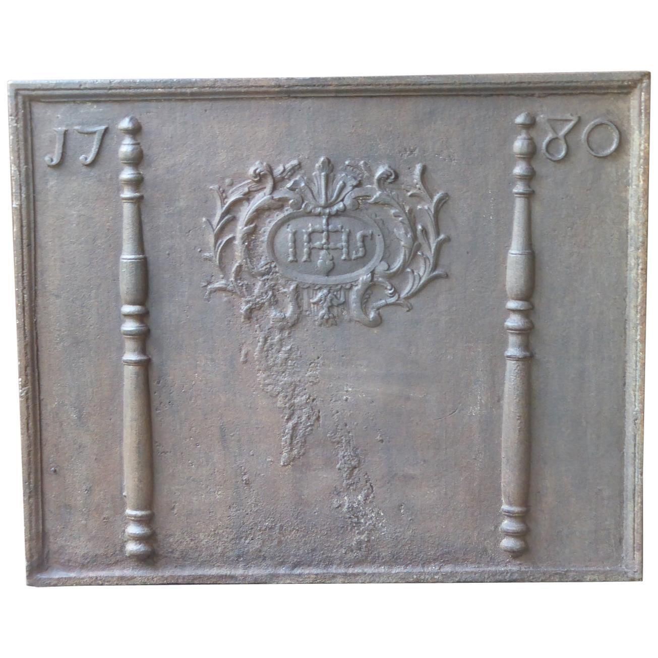 Large French Fireback  / Backsplash With Pillars And Ihs Monogram, Dated 1780