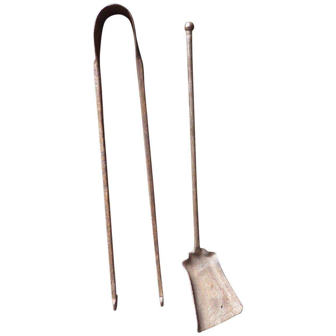Antique French Wrought Iron Fireplace Tools Or Fire Tools, 17th 18th Century