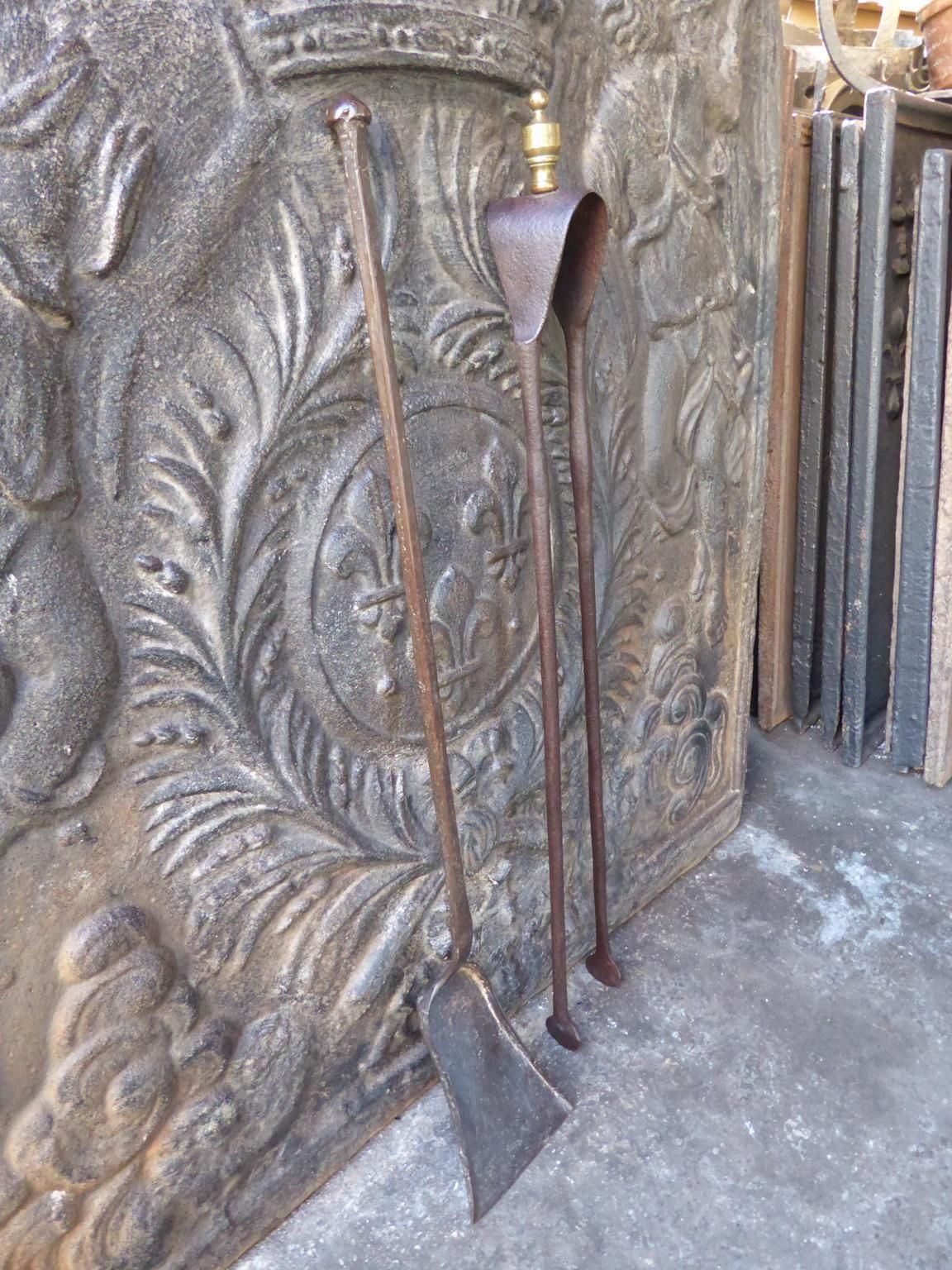 422.0 Large French Wrought Iron Fireplace Tools Or Fire Tools, 18th Century photo