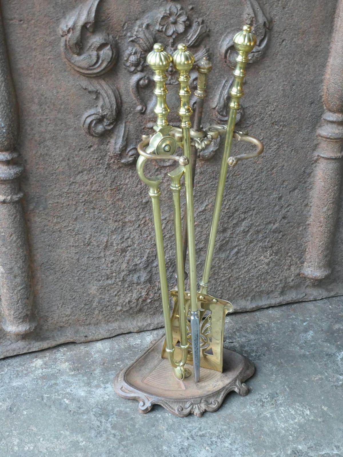 Antique English Polished Brass Victorian Style Fireplace Set, 19/20th C photo for sale