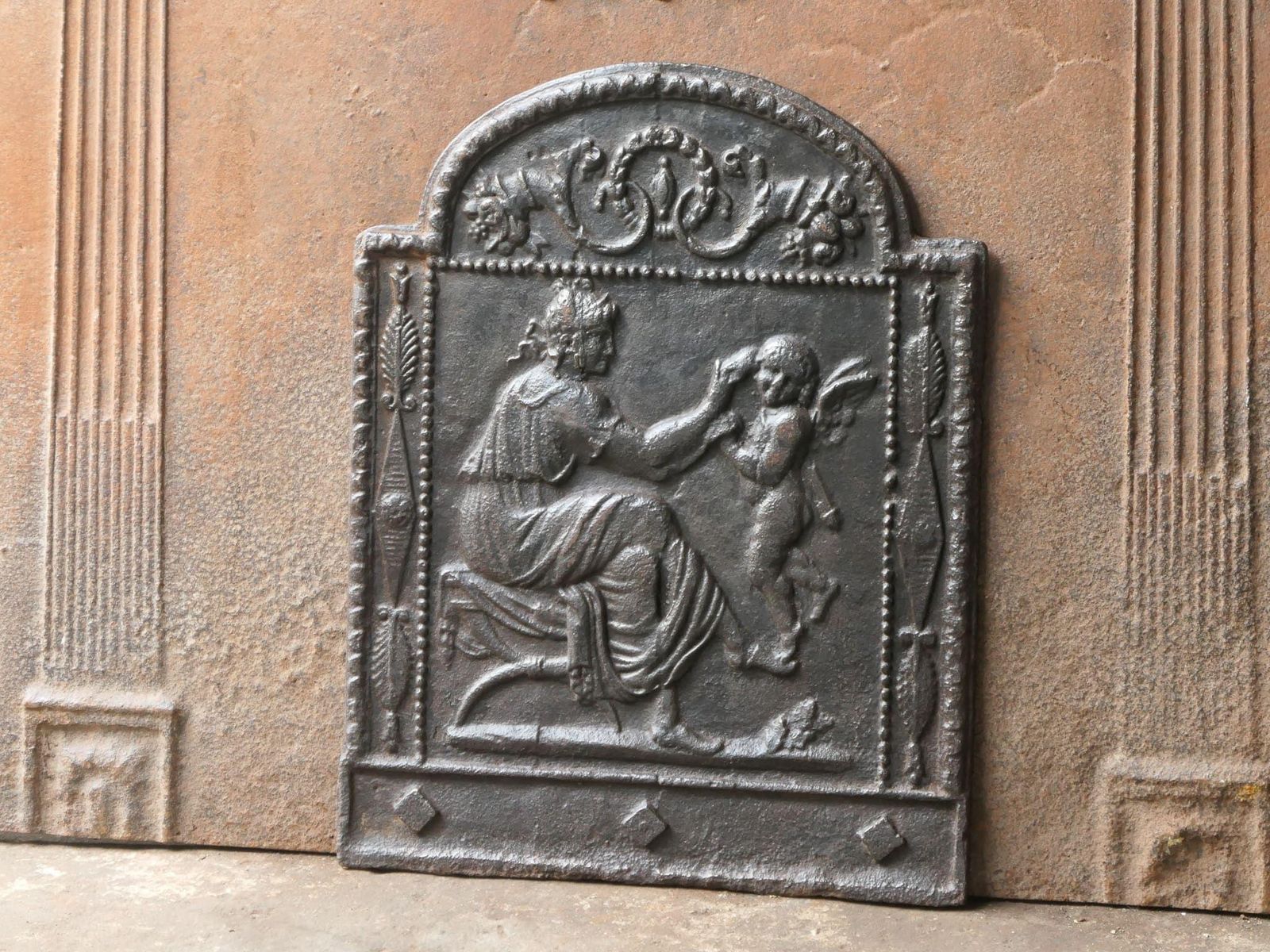 Small French Neoclassical Period 'Woman With Cupid' Fireback / Backsplash photo for sale