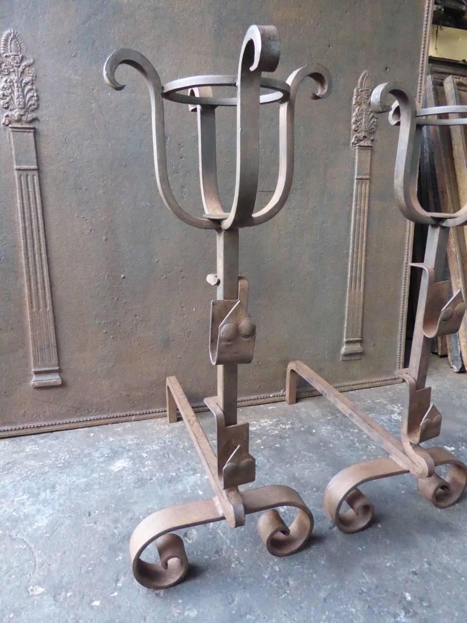 French Wrought Iron Cup Dogs Or Andirons photo for sale