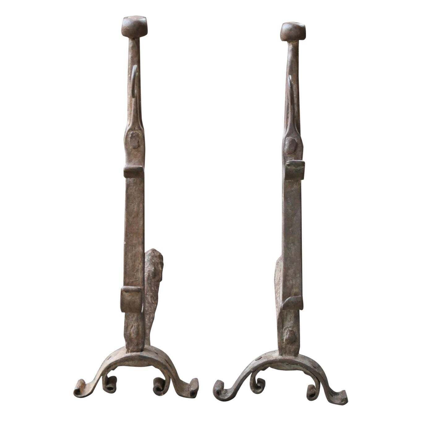 17th Century French Gothic Period Andirons Or Firedogs