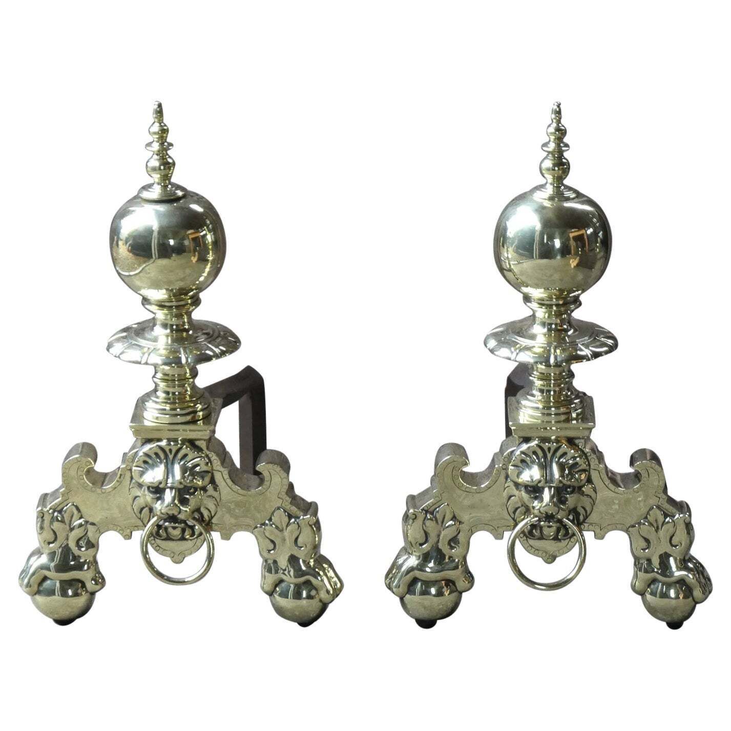 19th Century French Louis XIV Style Polished Brass Andirons Or Firedogs