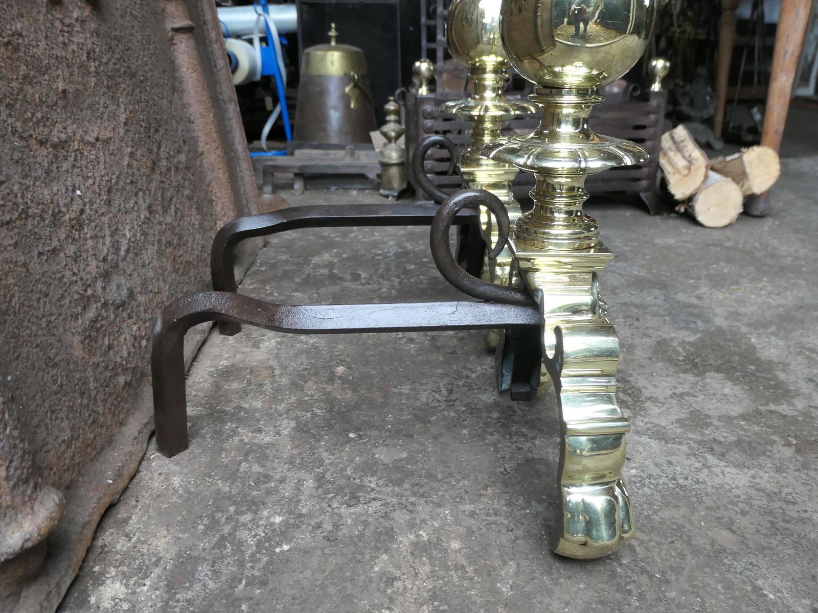 photo for sale 19th Century French Louis XIV Style Polished Brass Andirons Or Firedogs