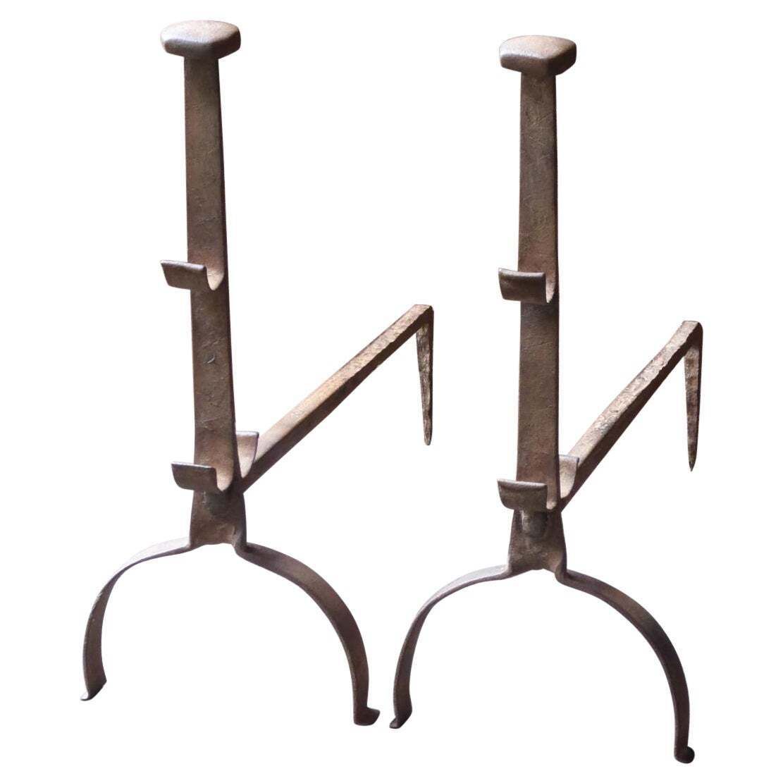Antique French Gothic Andirons Or Firedogs, 17th Century