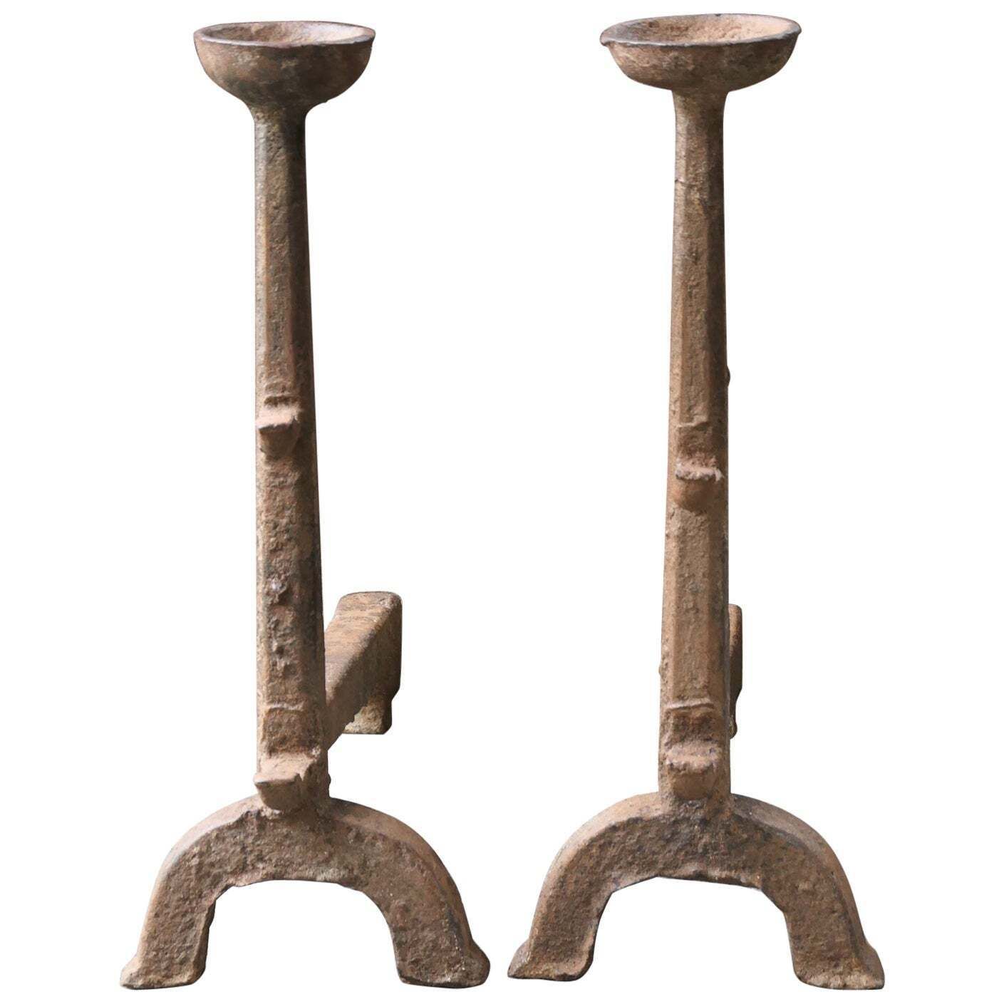Large Antique Gothic Andirons Or Firedogs, 17th Century