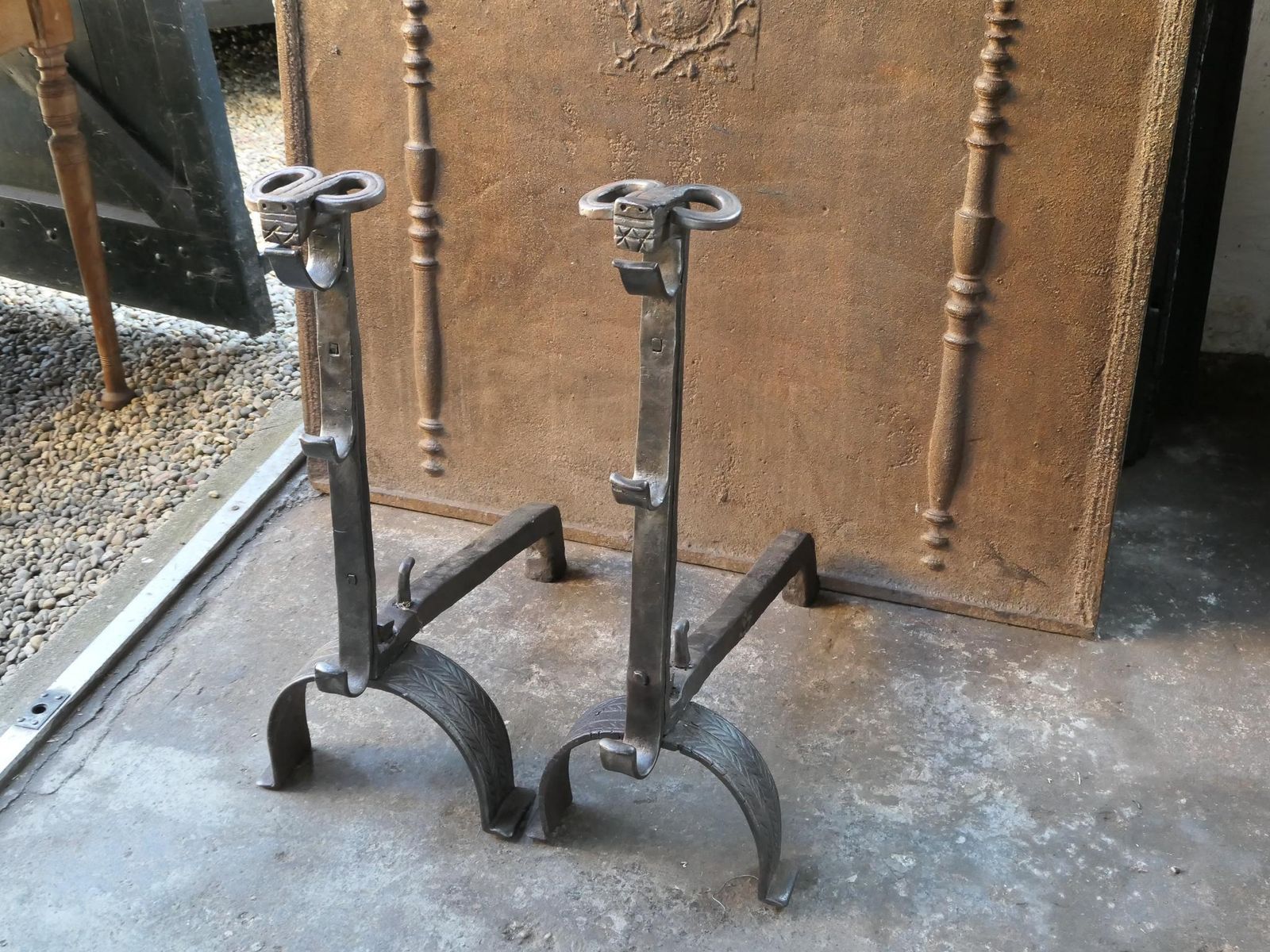Large French Gothic 'Bull's Head' Andirons Or Firedogs, 17th Century photo vinterior