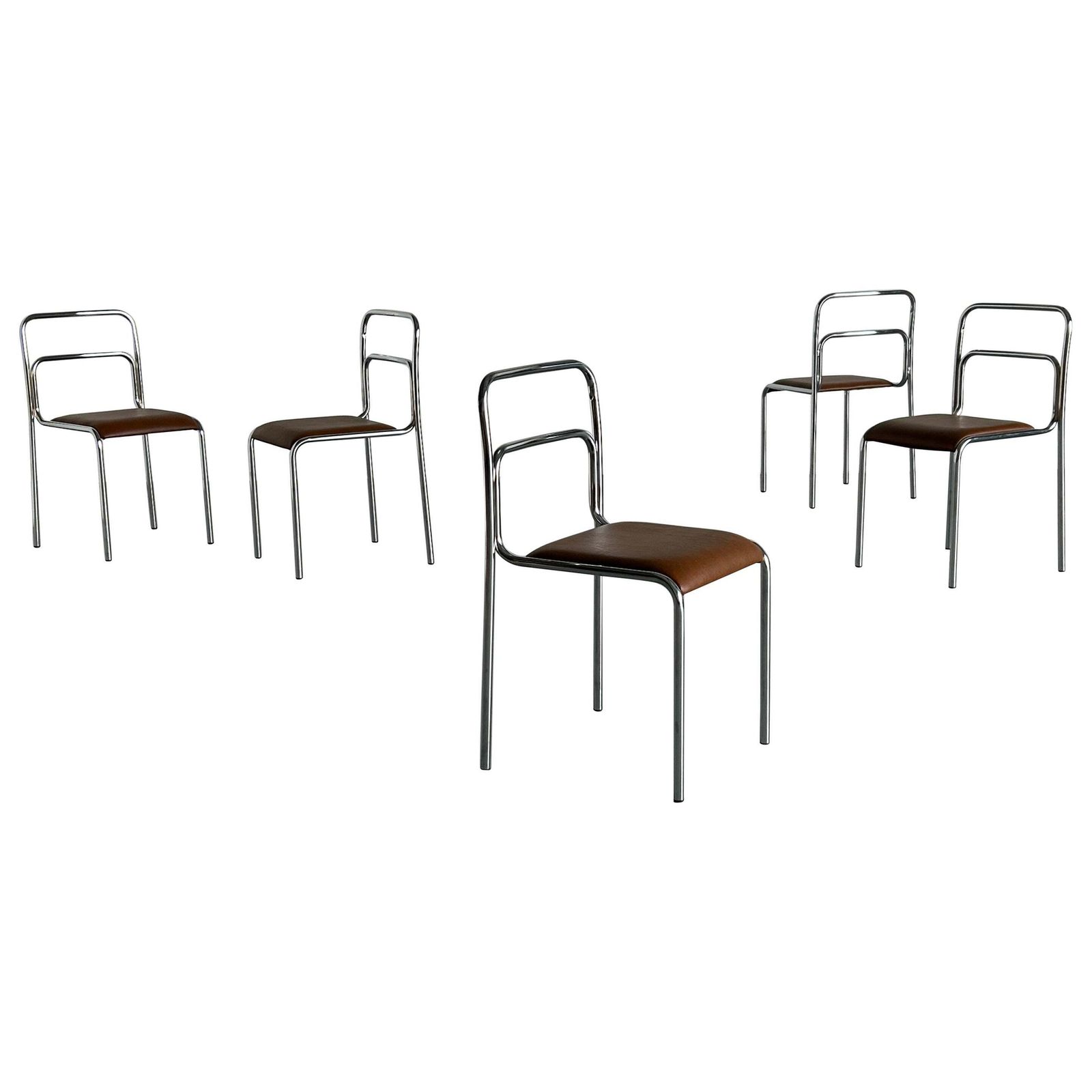 Bauhaus Design Chrome Tubular Steel And Brown Faux Leather Dining Chairs, 1980s